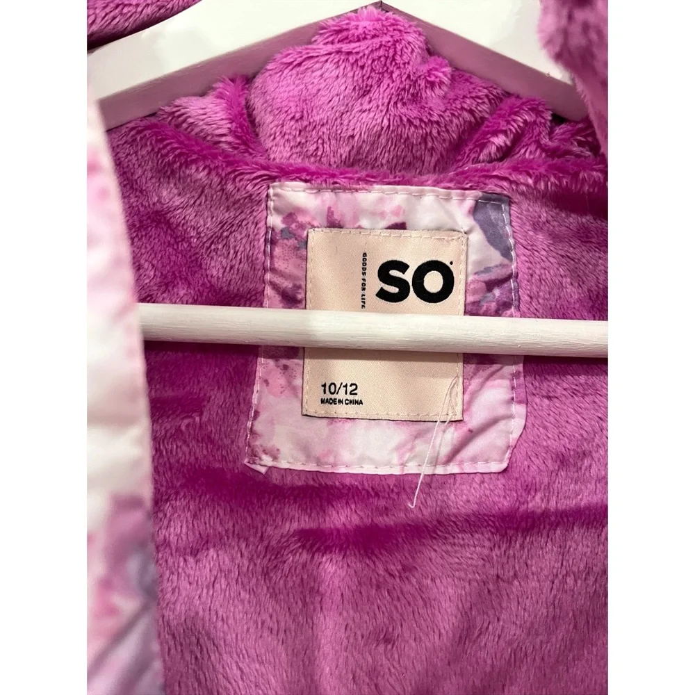 SO Girls Floral Puffer Jacket Faux Fur Hood Pink Purple Size 10/12